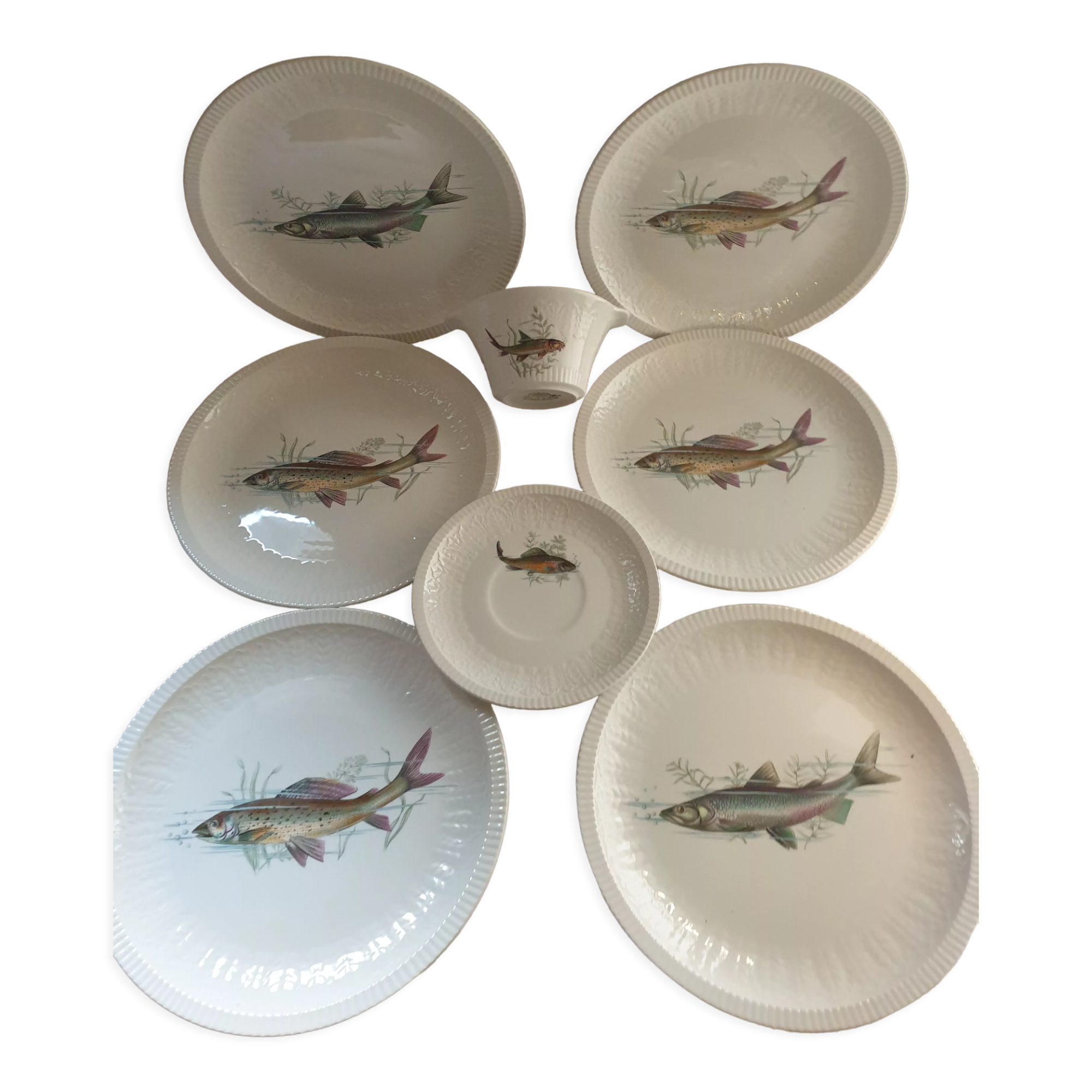 Fish set, 6 plates, sauce pot and saucer