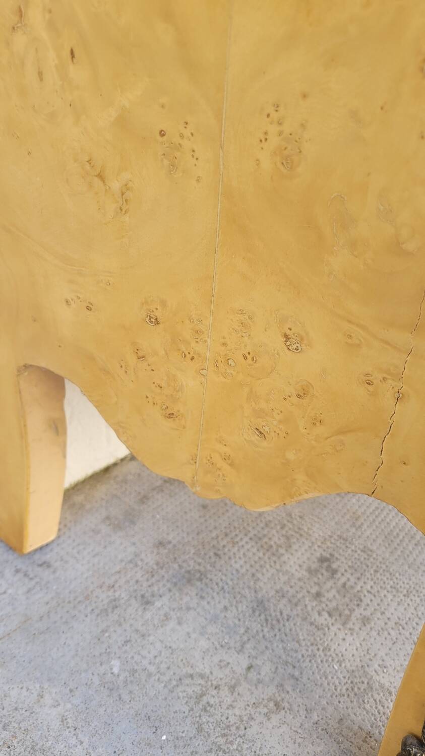 Curved Louis XV style chest of drawers in elm burl and bronze marquetry