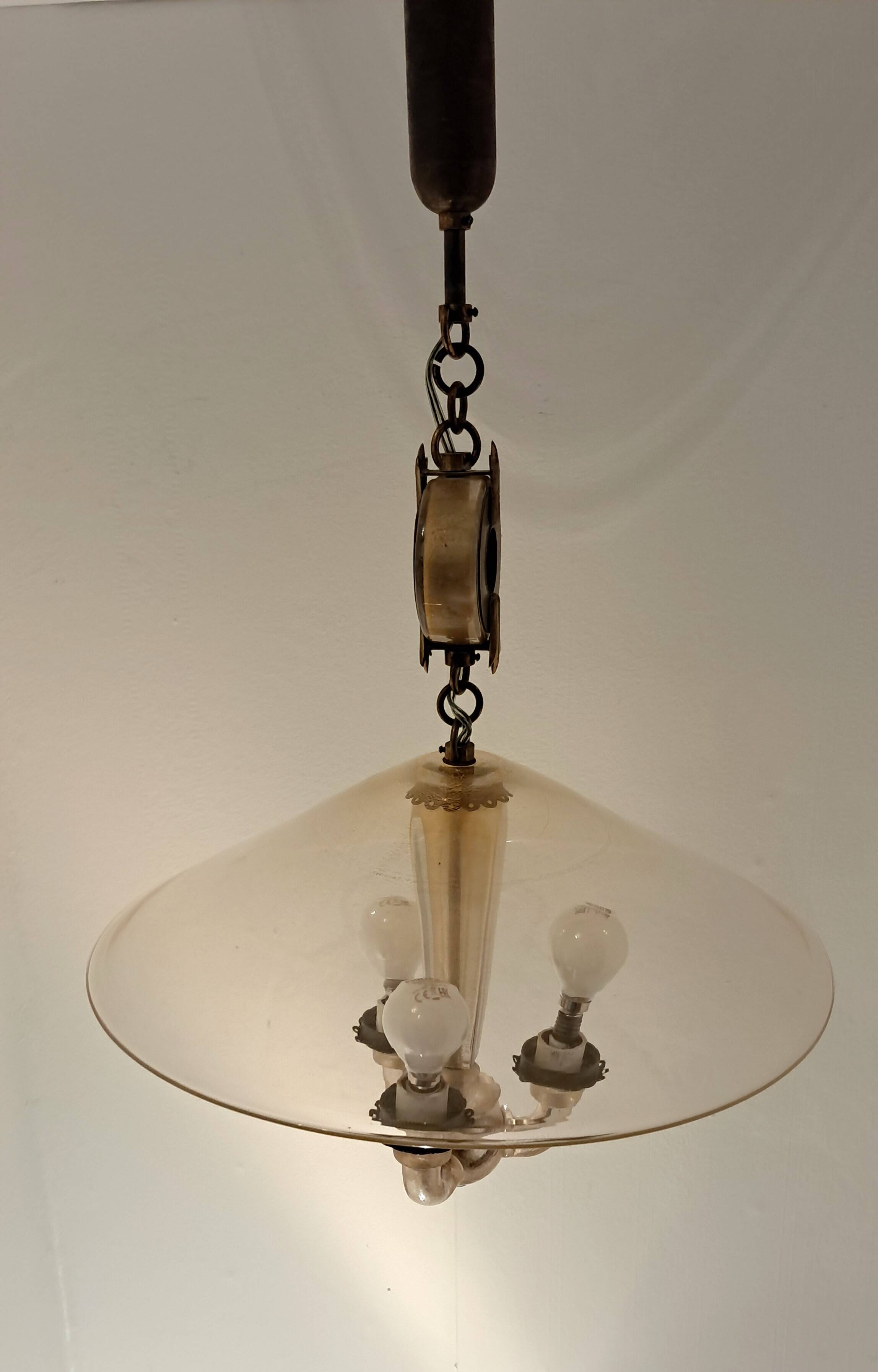 3-light chandelier in Murano glass and gilded brass, 1940.