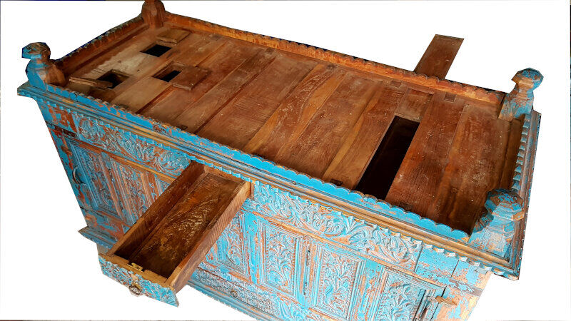 Damchaya Chest Blue Original Piece Old Teak with Secrets 150x108x65cm