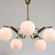 Mid-Century Modern Italian Brass and Opaline Chandelier, 1960