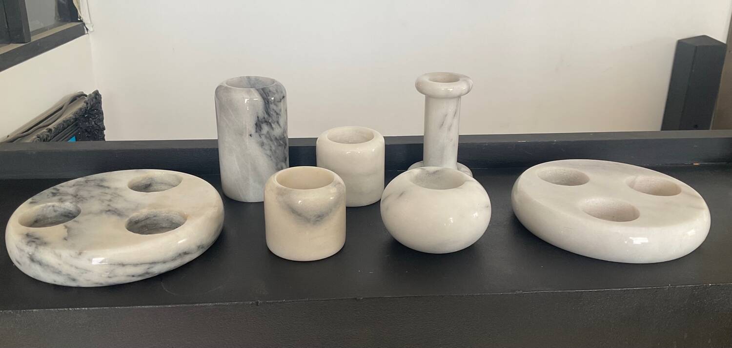 Series of 7 vintage Carrara marble candlesticks