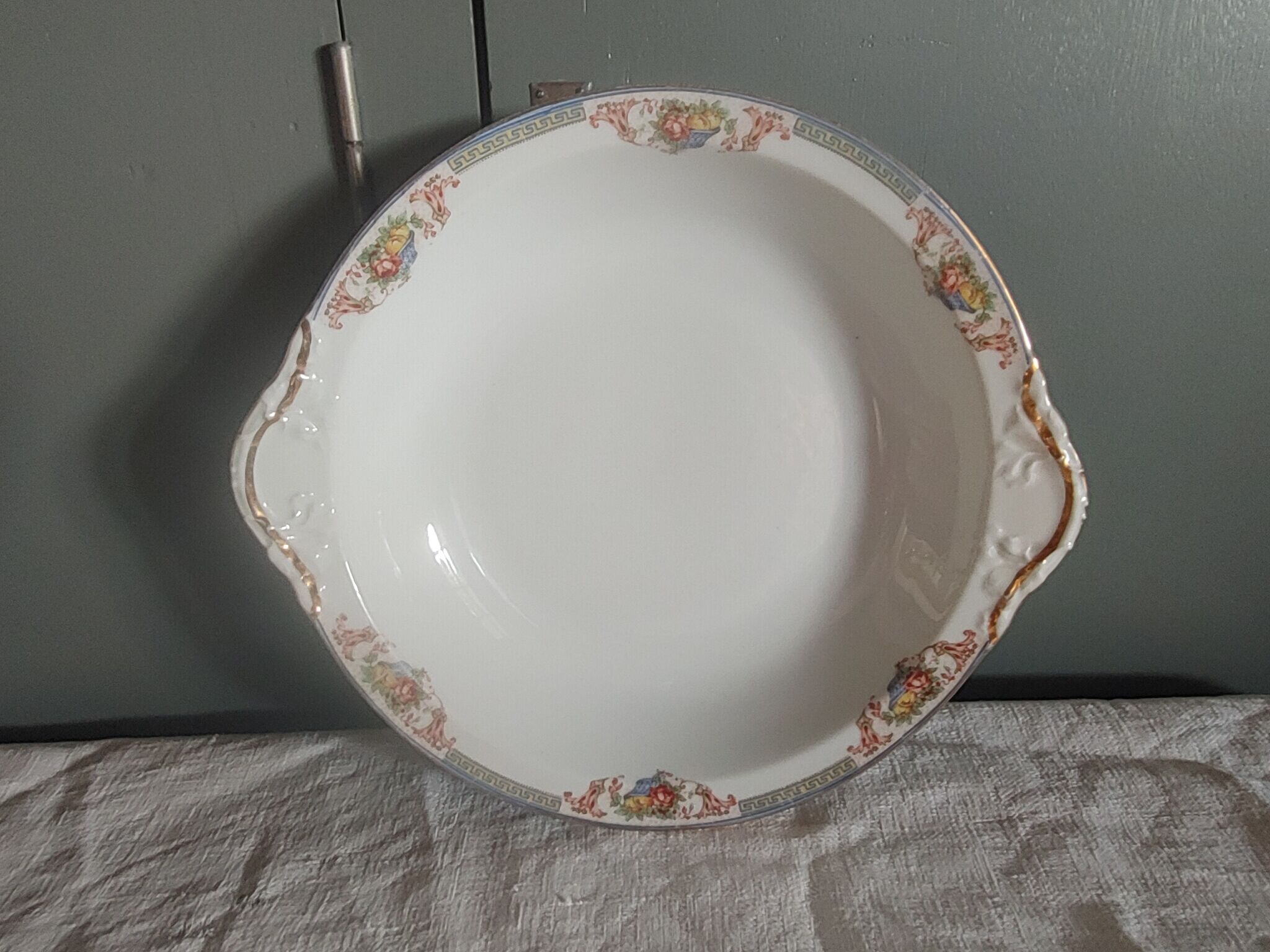 Hollow serving dish in limoges porcelain flower baskets, fruits - early 20th