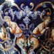 Twisted design vase. Signed Gien France/Renaissance blue background 26 x 13cm