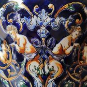 Twisted design vase. Signed Gien France/Renaissance blue background 26 x 13cm