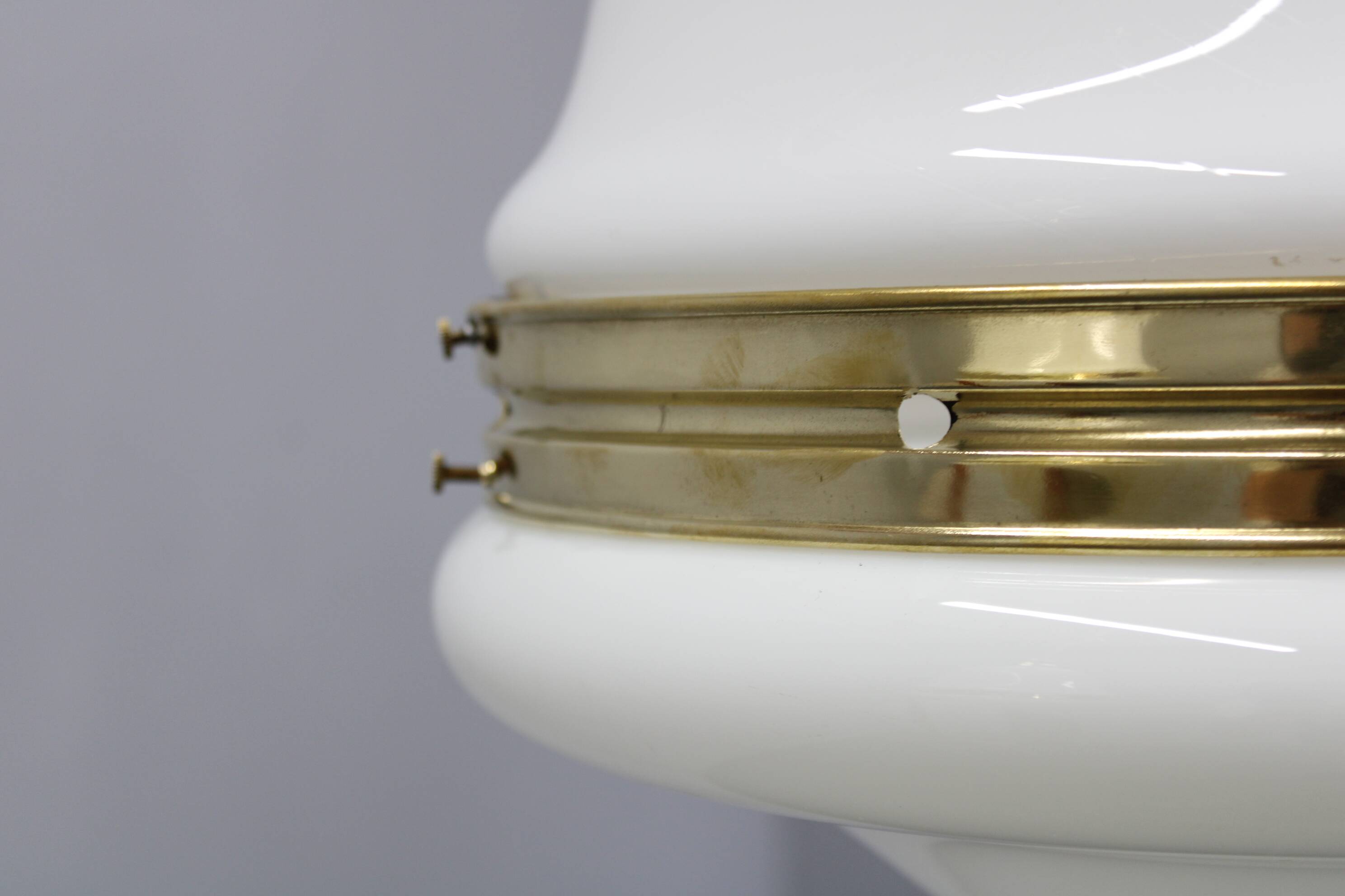 Pair of 1930s Peter Behrens Luzette pendants in opaline glass and brass