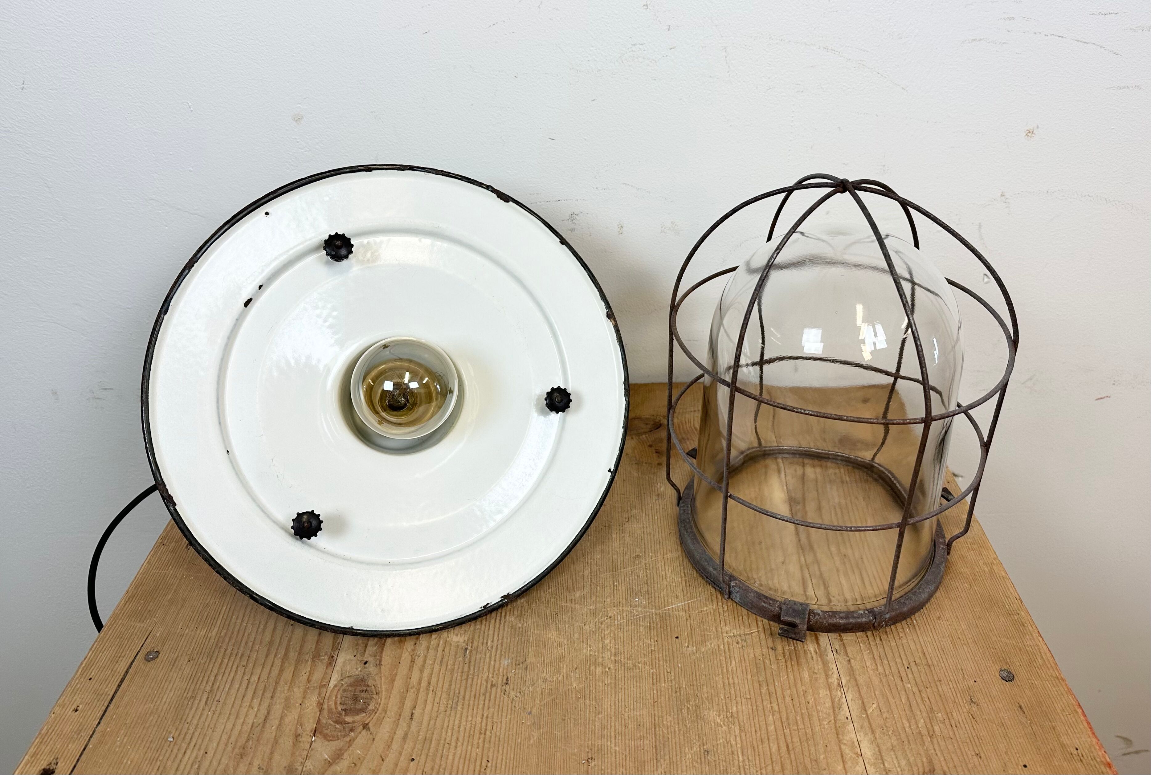 Green Enamel and Cast Iron Industrial Cage Pendant Light, 1960s