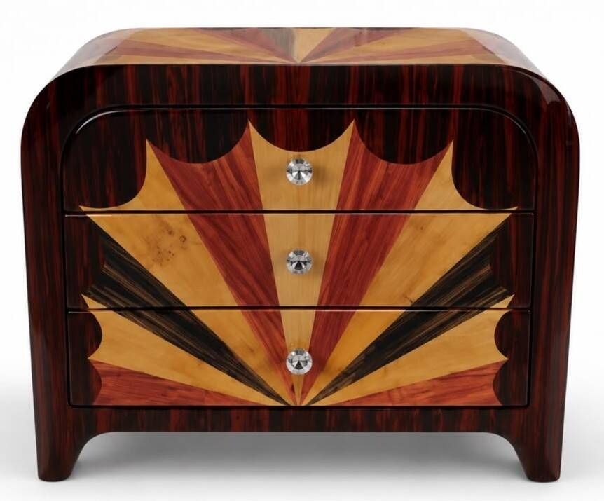 An Art Deco bedside table made of beech wood, rosewood & elm burl.
