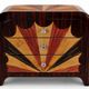 An Art Deco bedside table made of beech wood, rosewood & elm burl.
