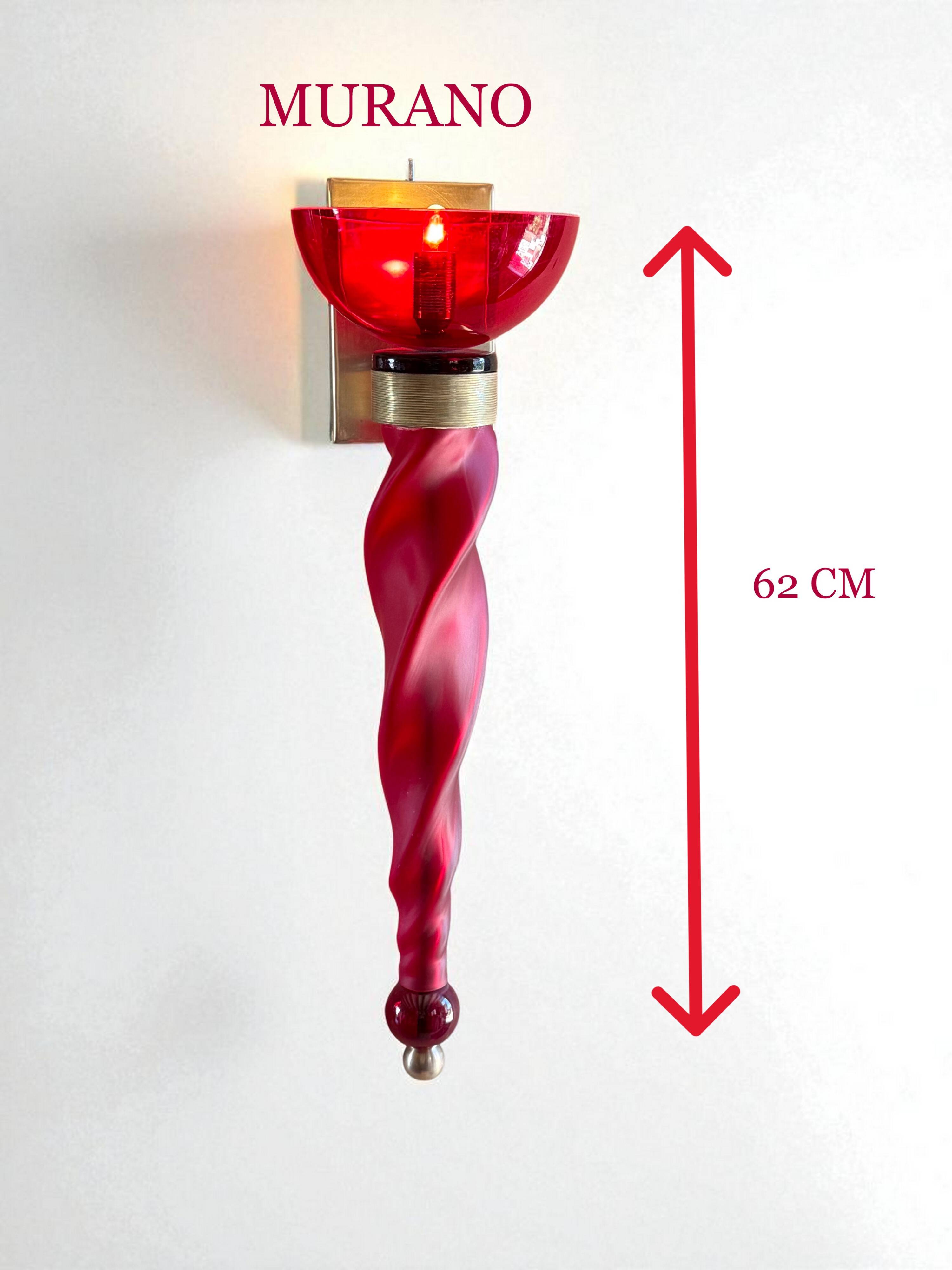 Pair of 62 cm murano torchere wall lights in red tinted glass and brass