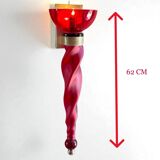 Pair of 62 cm murano torchere wall lights in red tinted glass and brass