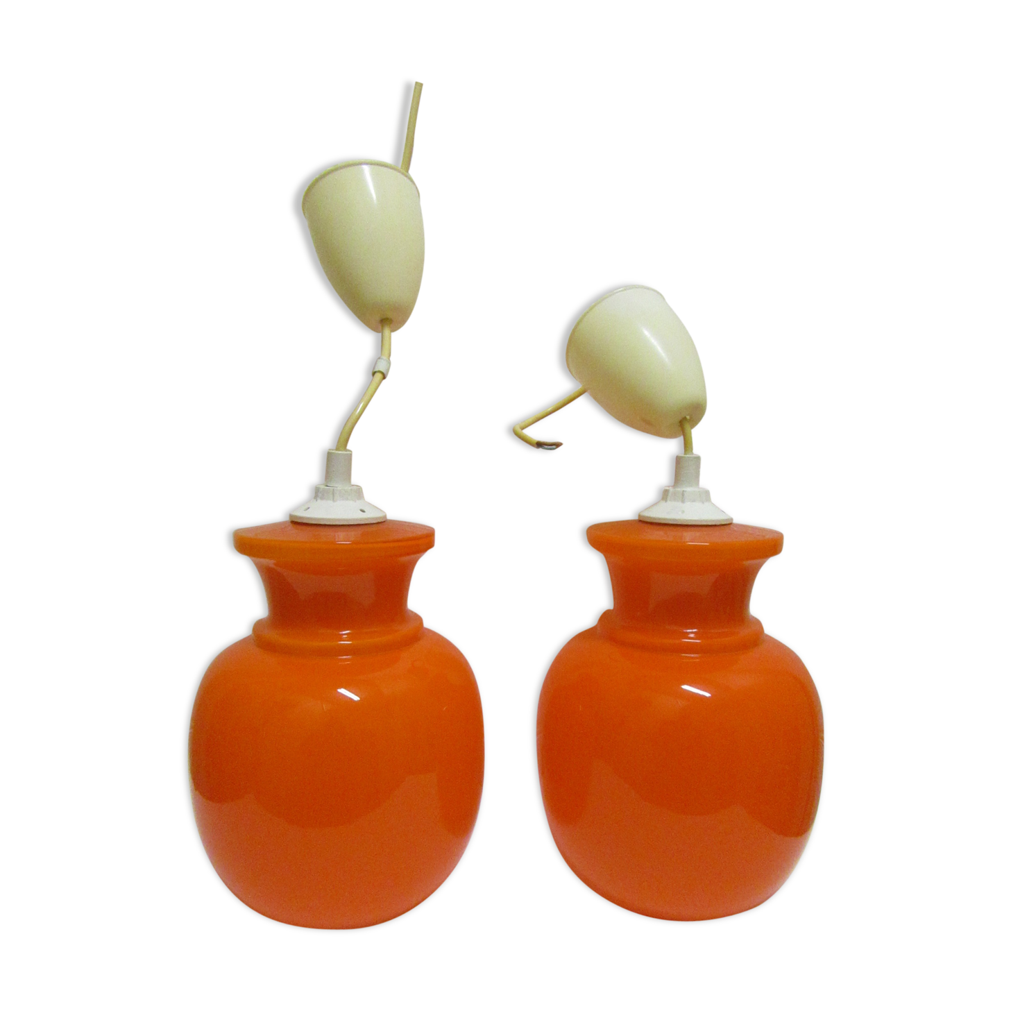 Pair vintage orange hanging lamps