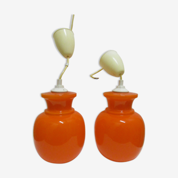 Pair vintage orange hanging lamps