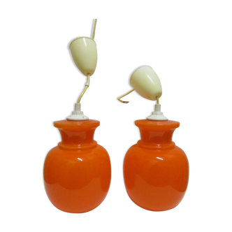 Pair vintage orange hanging lamps
