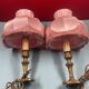 Pair of brass foot lamps, haloed but acceptable lampshades H 33 cm