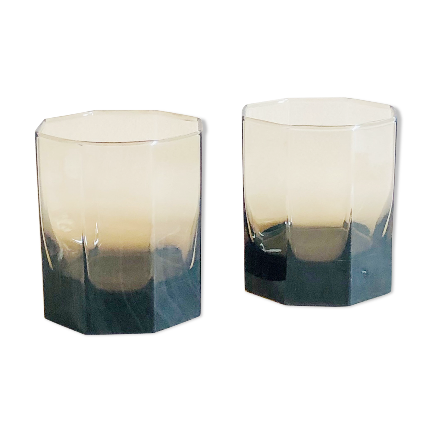 Pair of octagonal black glass whiskey glasses
