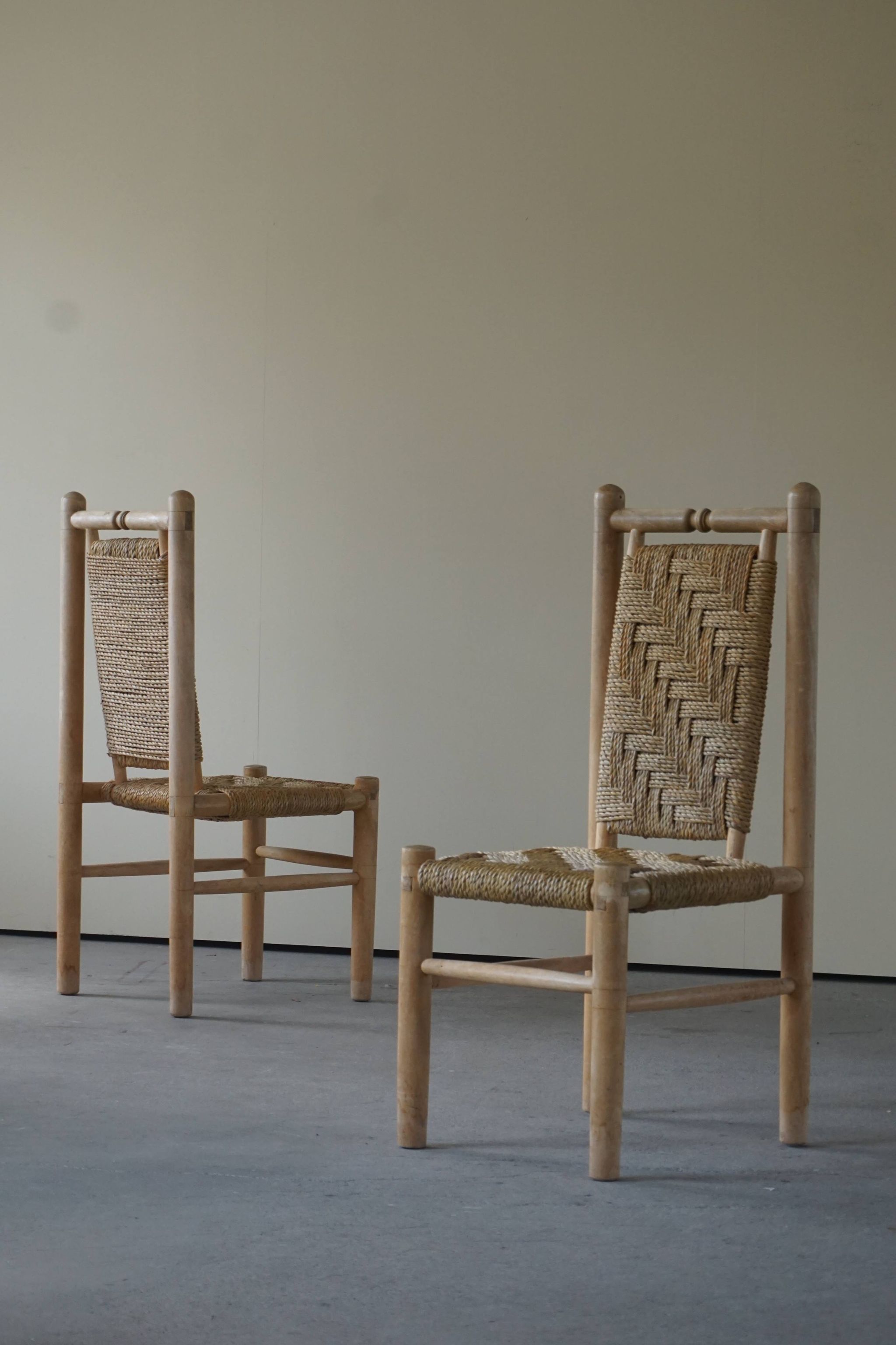 Set of 6 French Mid Century Naturalist Woven Highback Chairs in Solid Elm, 1960s