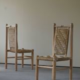 Set of 6 French Mid Century Naturalist Woven Highback Chairs in Solid Elm, 1960s
