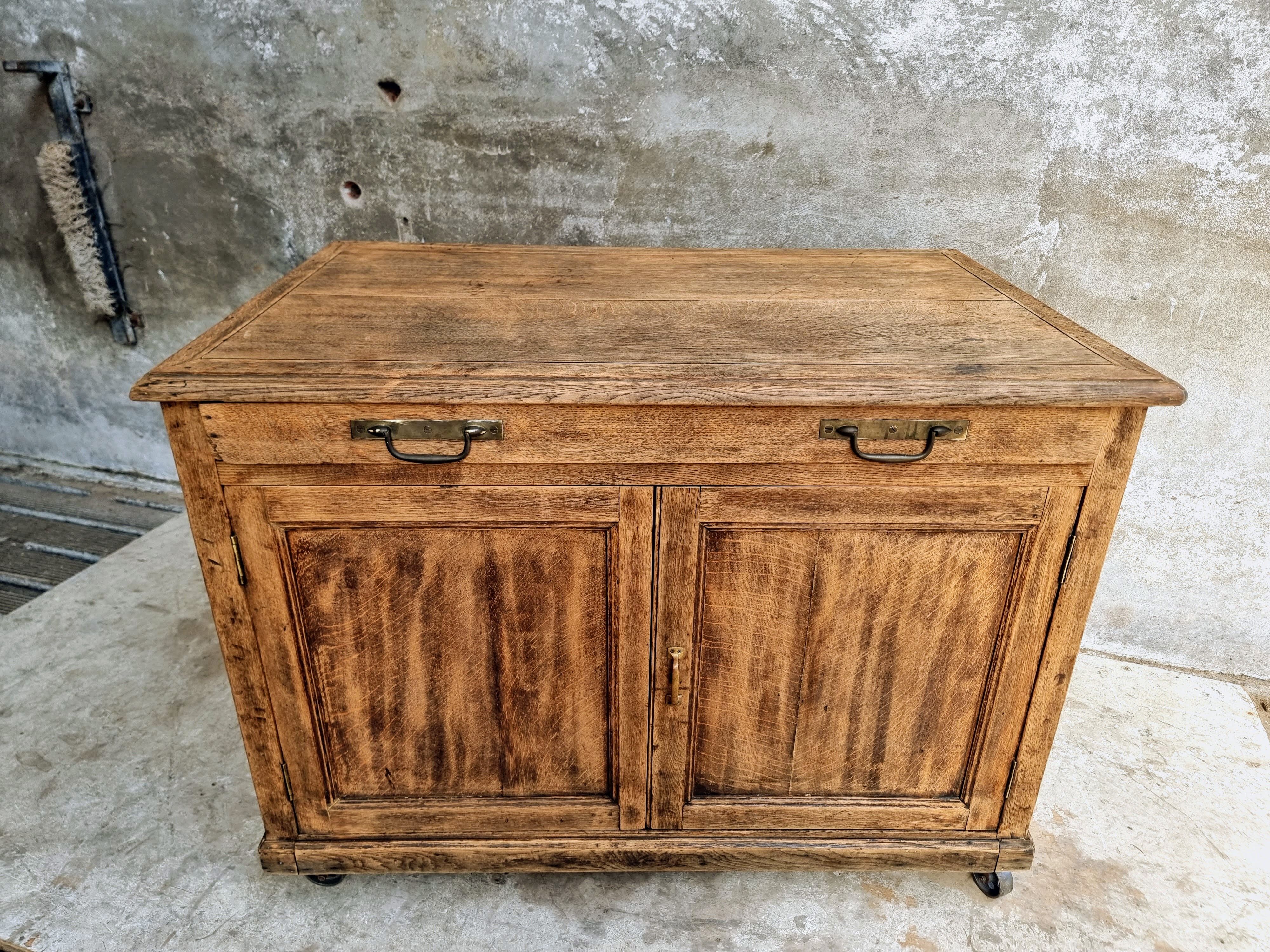 Old cabinet, workbench, kitchen island counter on casters