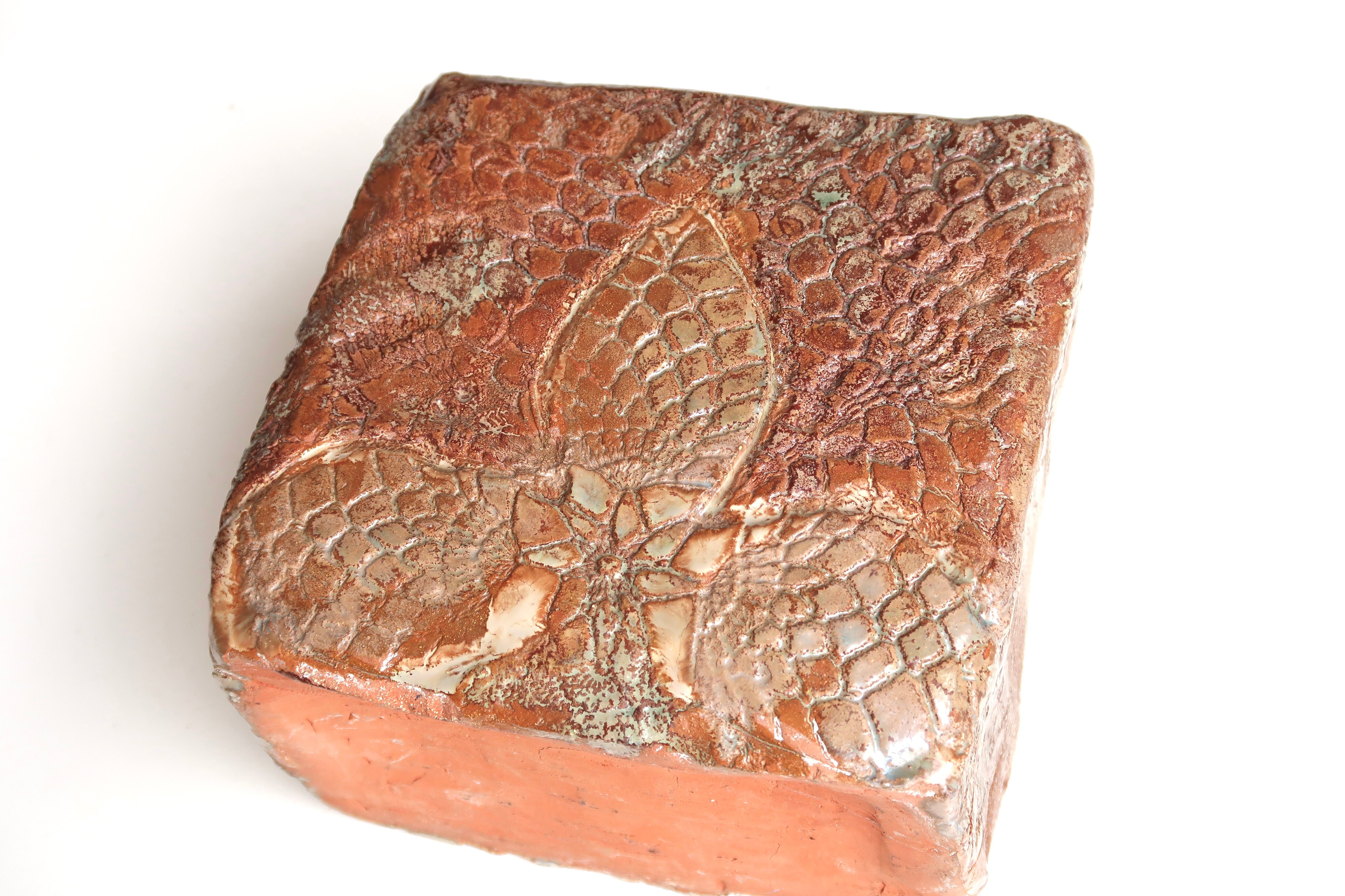 Rectangular ceramic vase, abstract decoration in relief, 70s