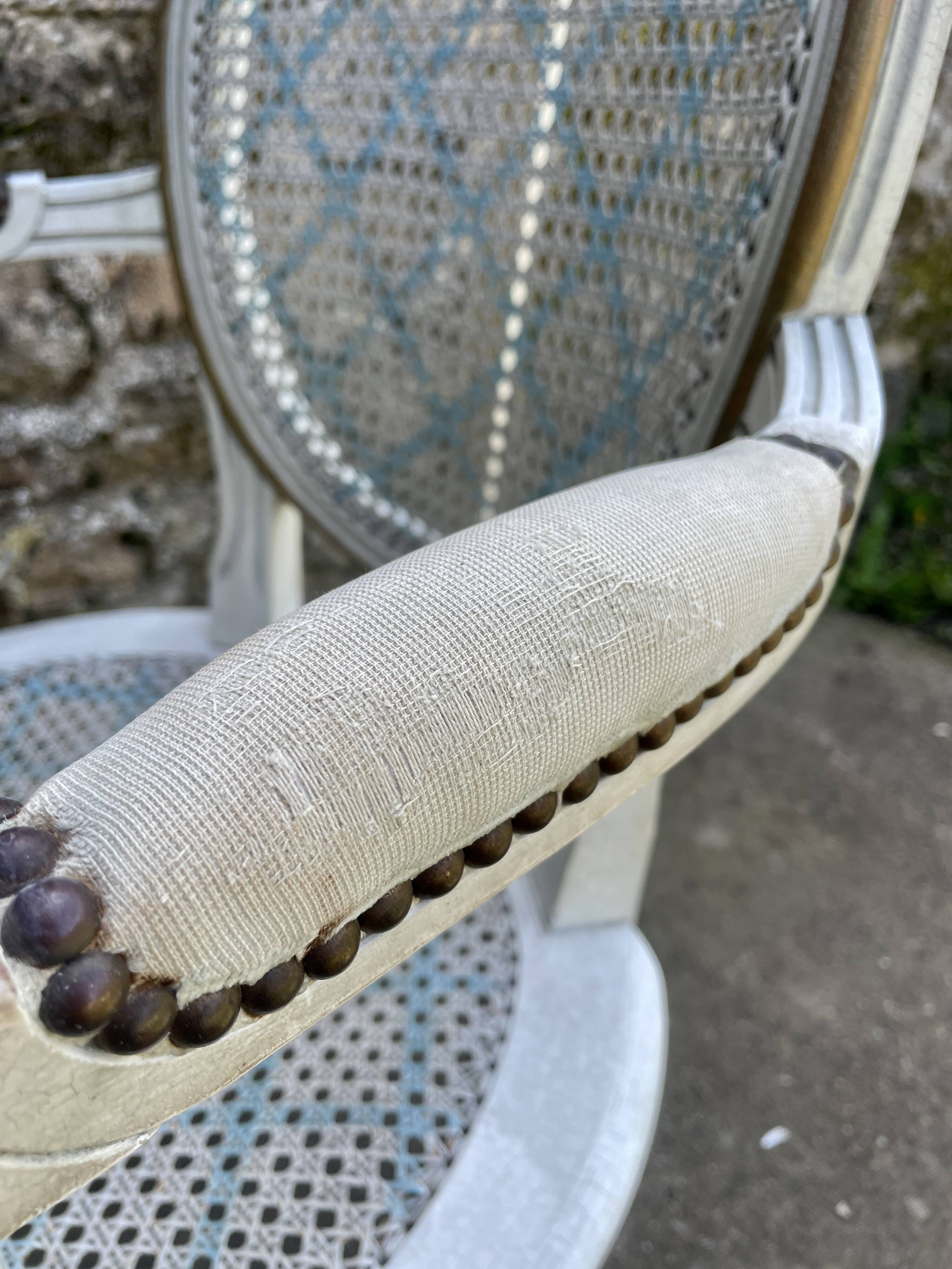 White and blue caned medallion armchair Louis XVI