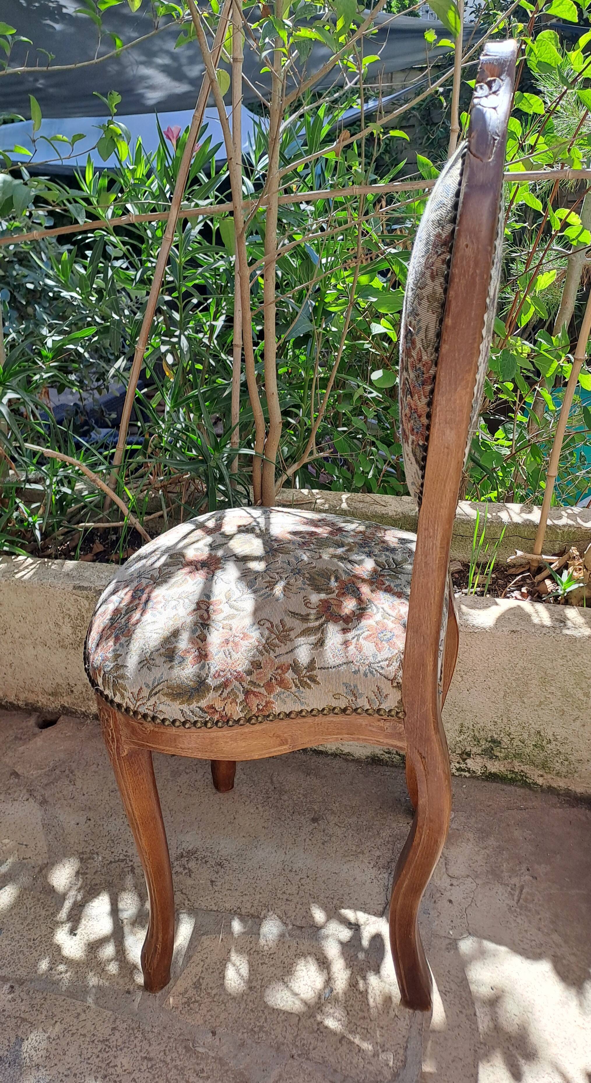 Brown varnished wooden chair 1940 Fabric chair with jacquard seat, upholstery manufacturing