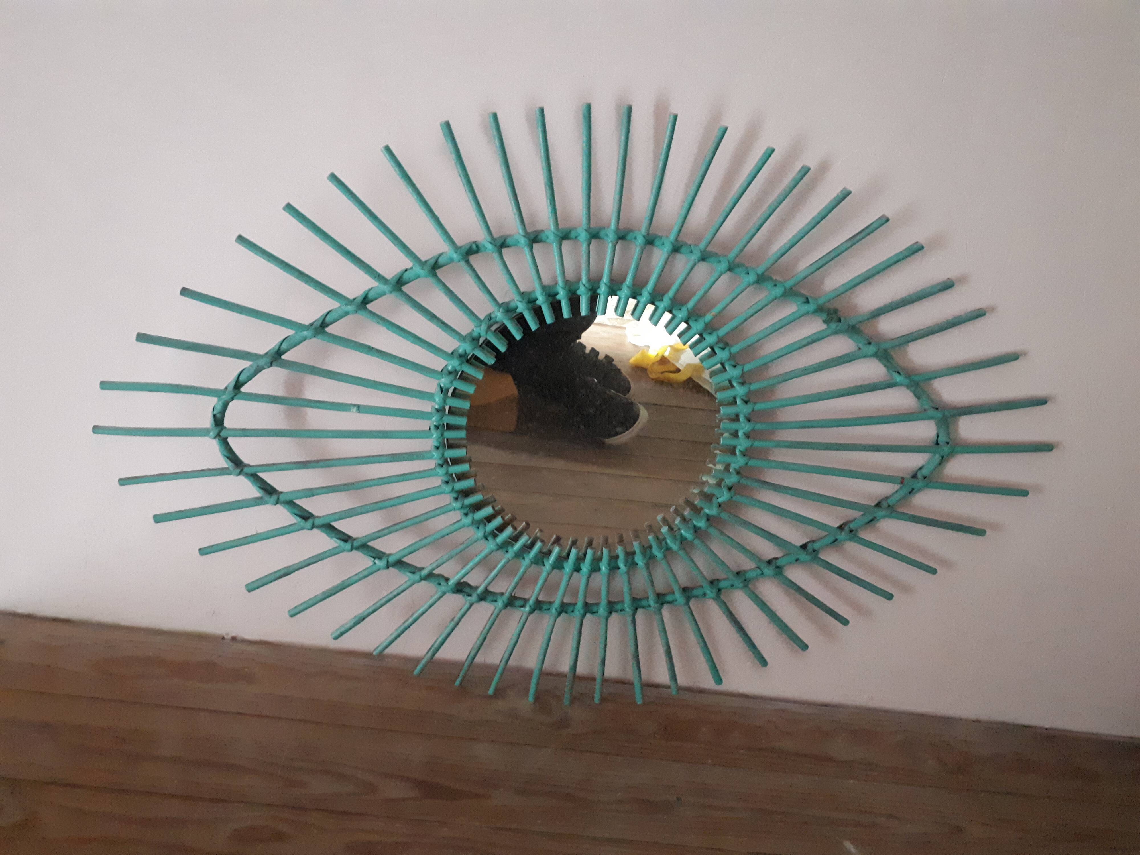 Miroir rotin oeil turquoise bohème vintage 60 59x89cm