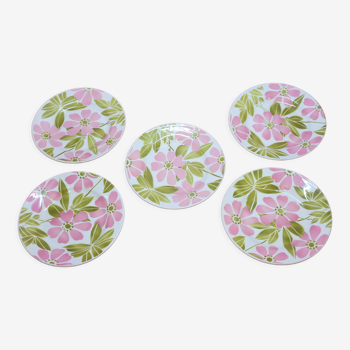 5 flat plates digoin sarreguemines edwina floral decoration stencil pink and green