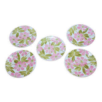 5 assiettes plates digoin sarreguemines edwina décor floral pochoir rose et vert