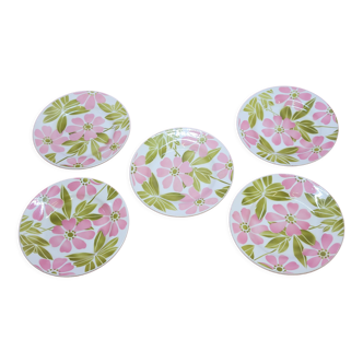 5 flat plates digoin sarreguemines edwina floral decoration stencil pink and green