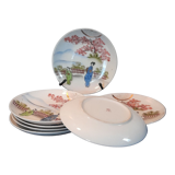 7 sub-cups / small plates porcelain extrafine geisha décor and Japanese landscape, early twentieth century