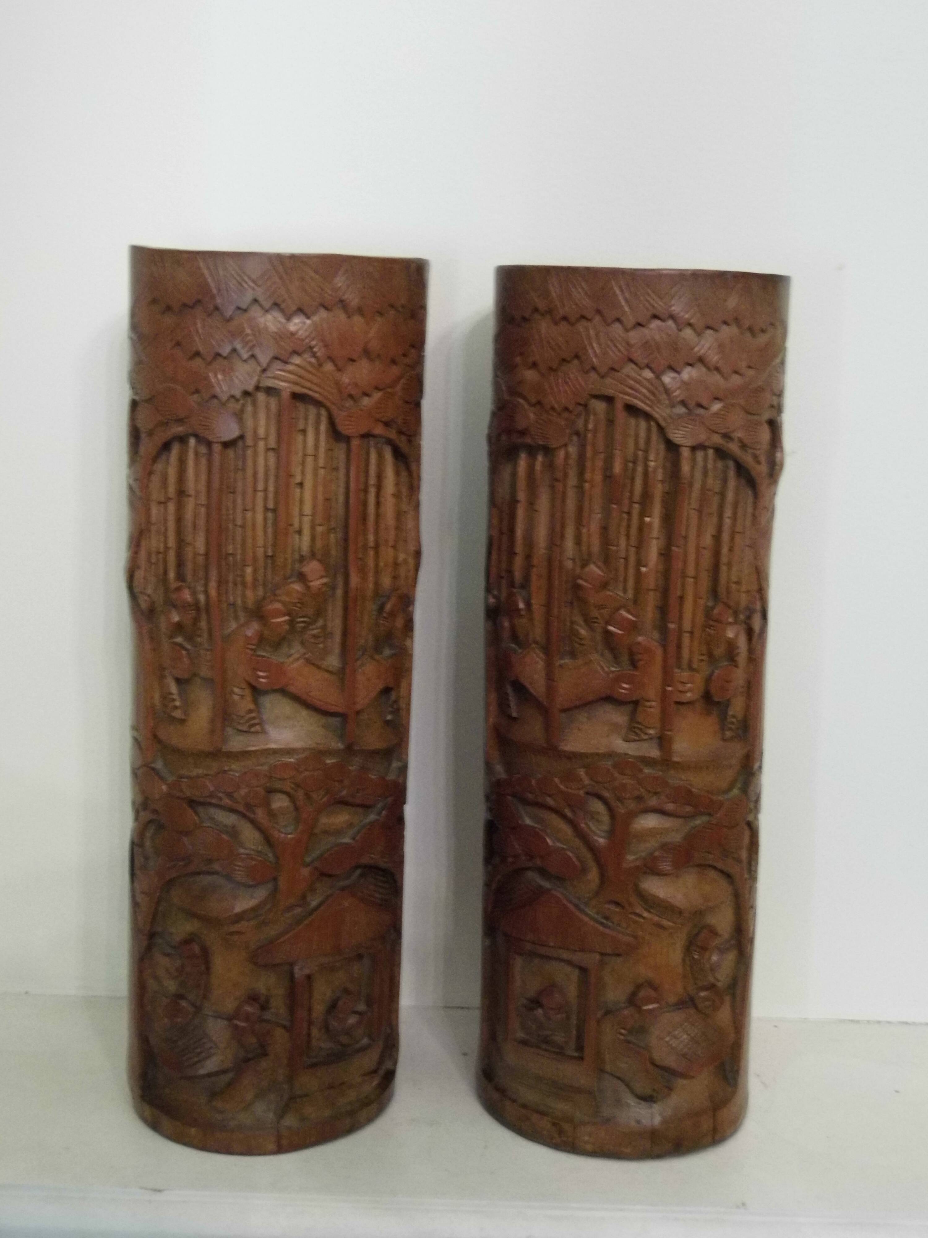 Two carved bamboo pots, pair of brush pots China late 19th early 20th century