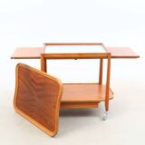 Vintage wooden and glass serving table with wheels, removable top, 1960s Sweden