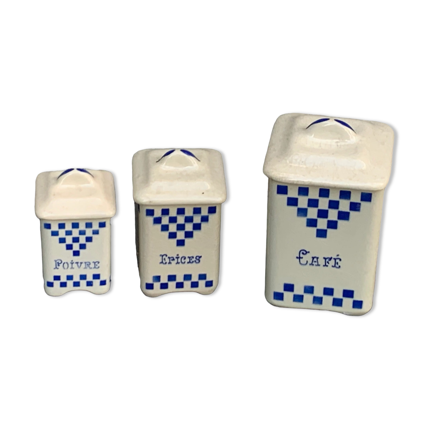 Set of 3 earthenware spice pots geometric pattern art deco period