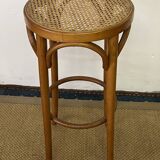 High stool in curved wood and cane seat