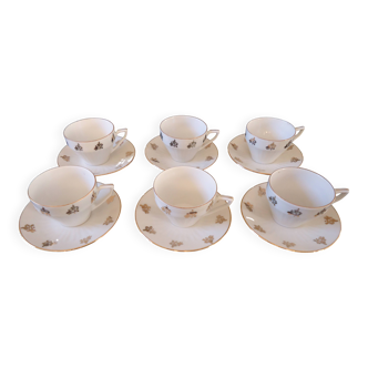 6 tasses à café et sous-tasses en porcelaine fine blanche Art Déco