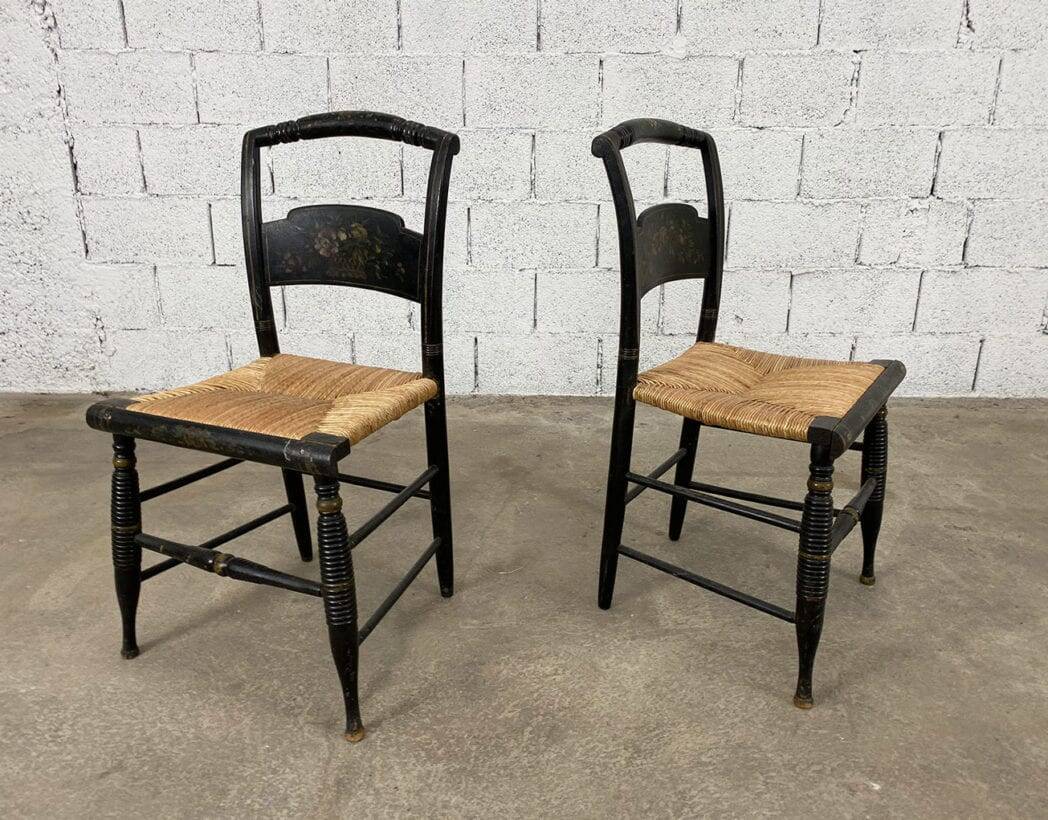 Hitchcock chairs in black wood and straw 1900s