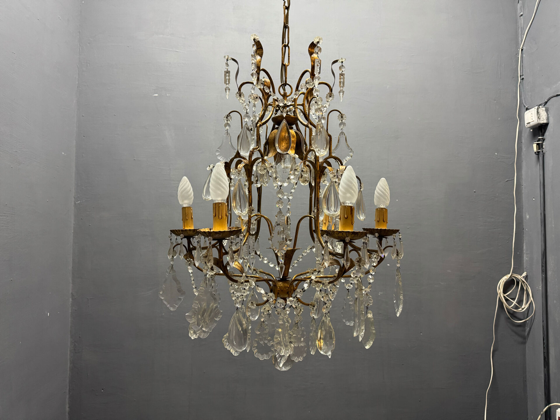 Large Gilded Florentine Tole and Crystal Chandelier, 1950s