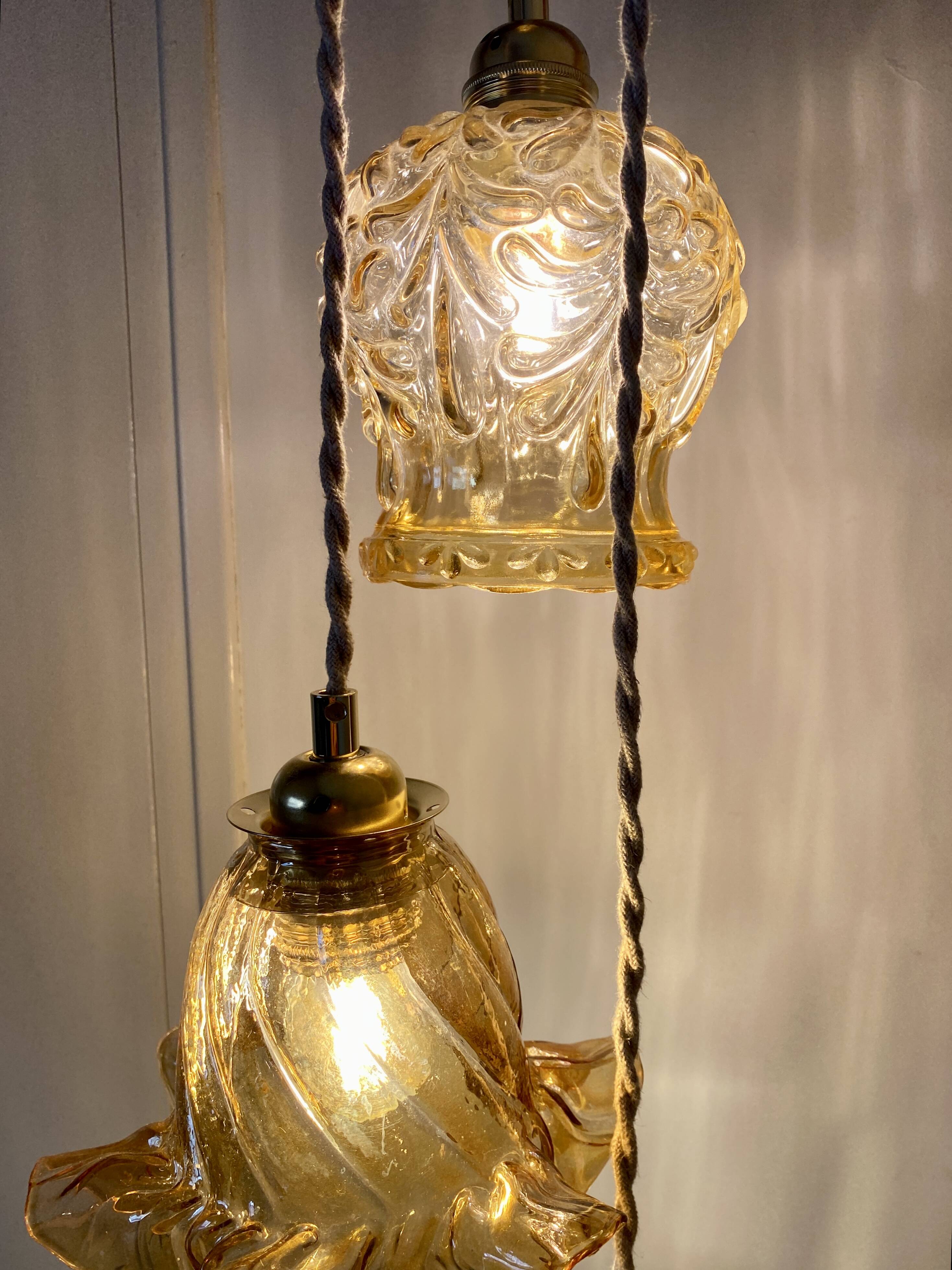 Vintage triple globe waterfall pendant light in amber glass