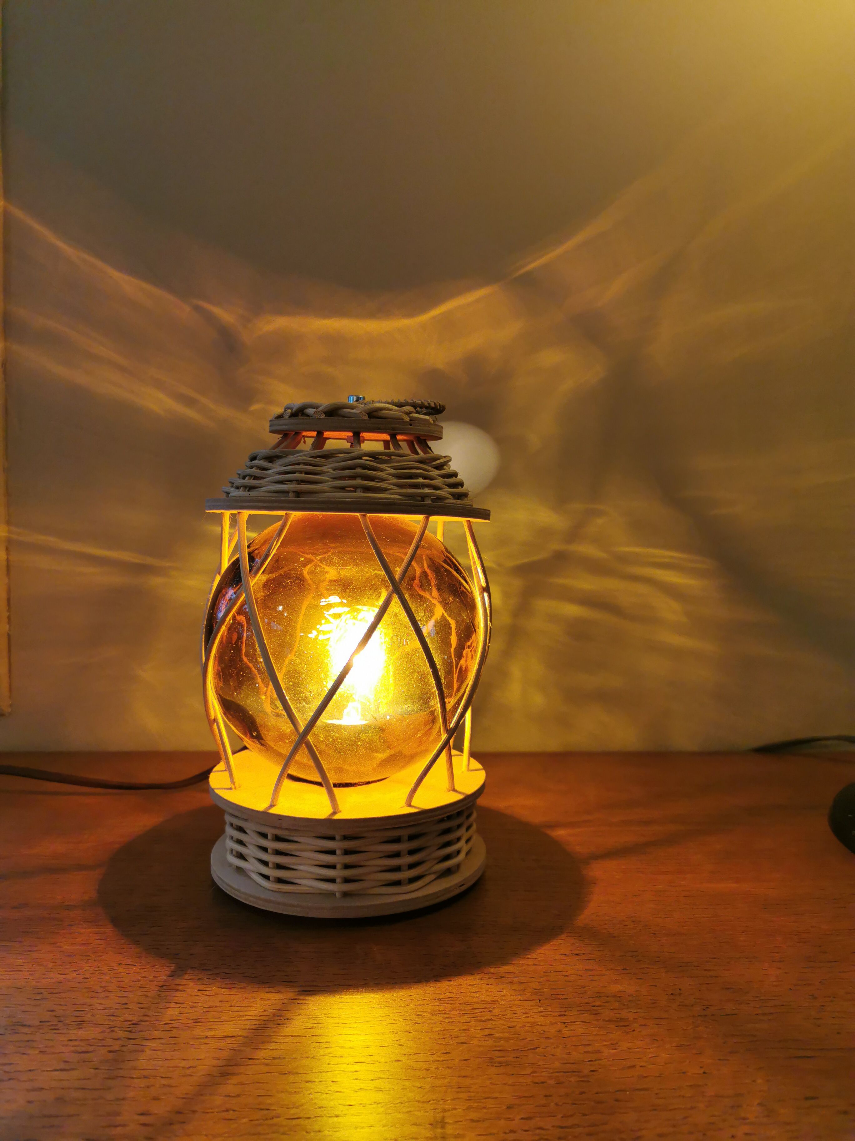 Vintage wooden and wicker lamp