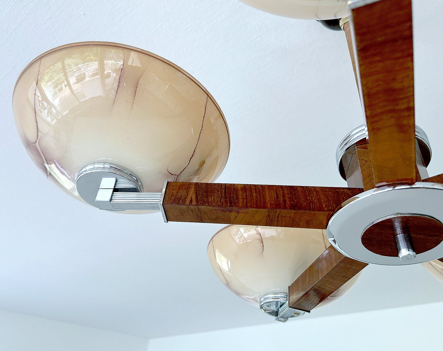 Large Art Deco pendant light in wood and glass, 1930s