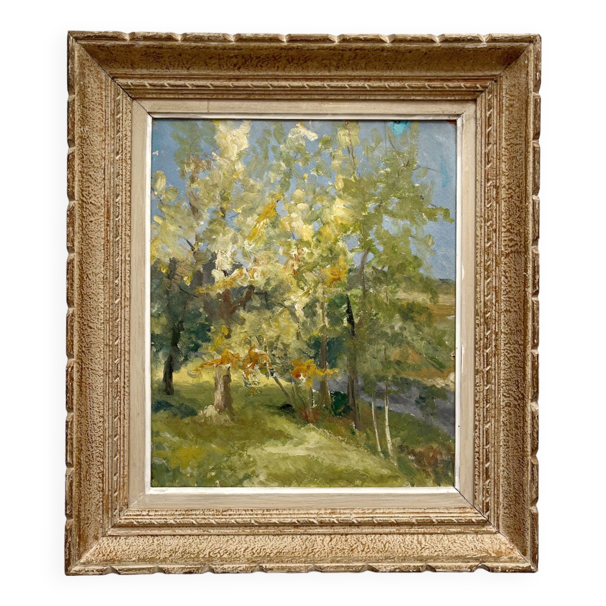Antique painting, oil on cardboard depicting a landscape