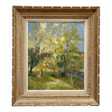 Tableau ancien, peinture à l'huile sur carton évoquant un paysage