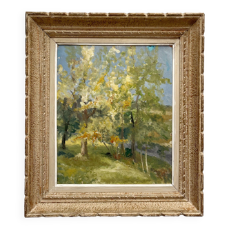 Old painting, oil painting on cardboard evoking a landscape