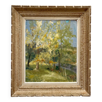Old painting oil painting on cardboard landscape trees
