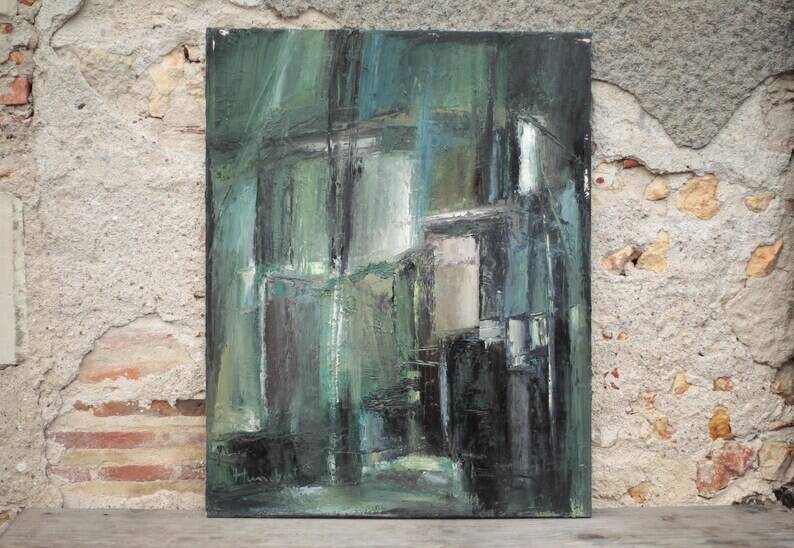 Oil on canvas signed Monique Humbert, abstract composition, wall painting, interior decoration.