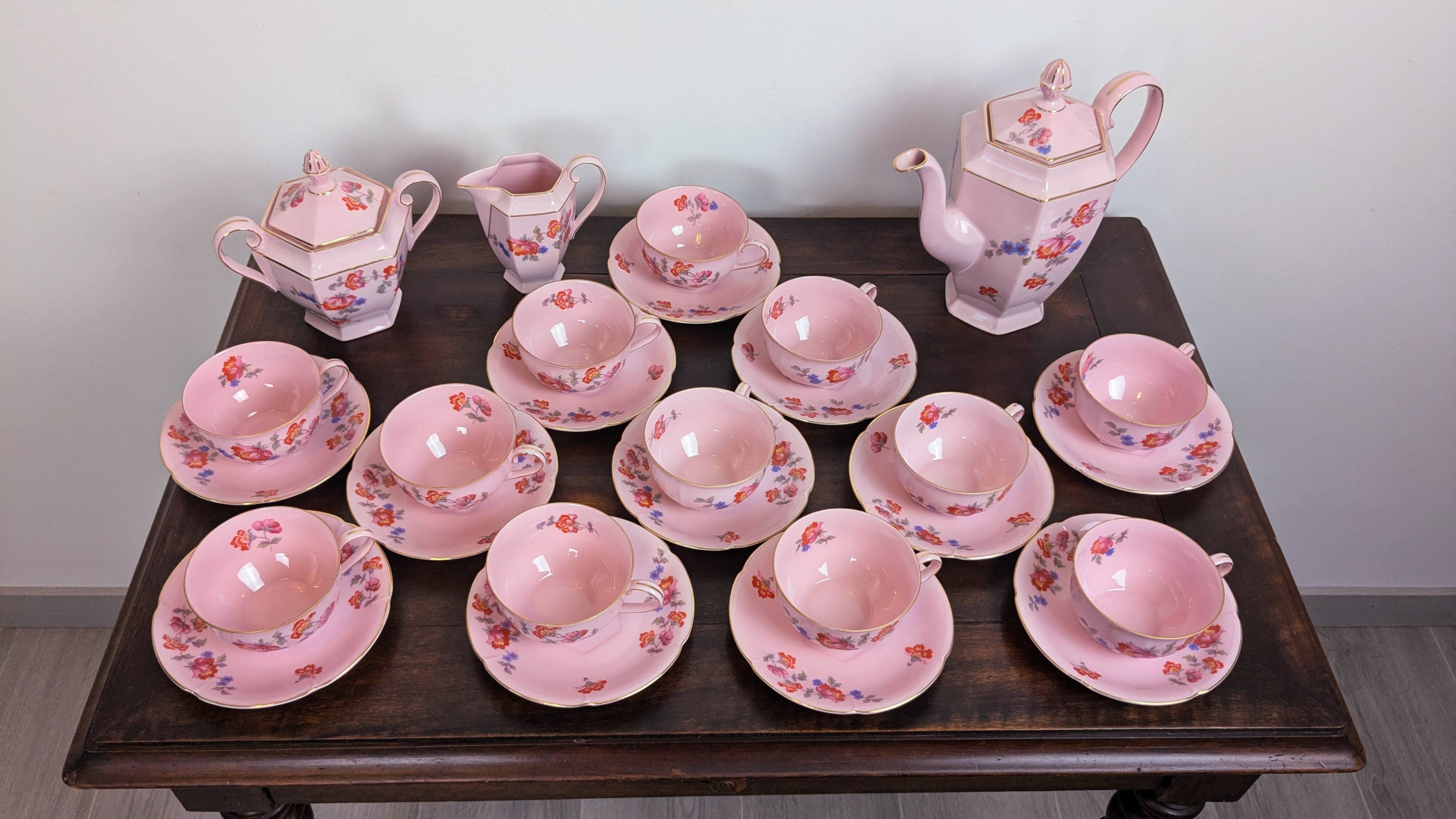 Epiag Czechoslovakia 27-piece art deco pink porcelain coffee set