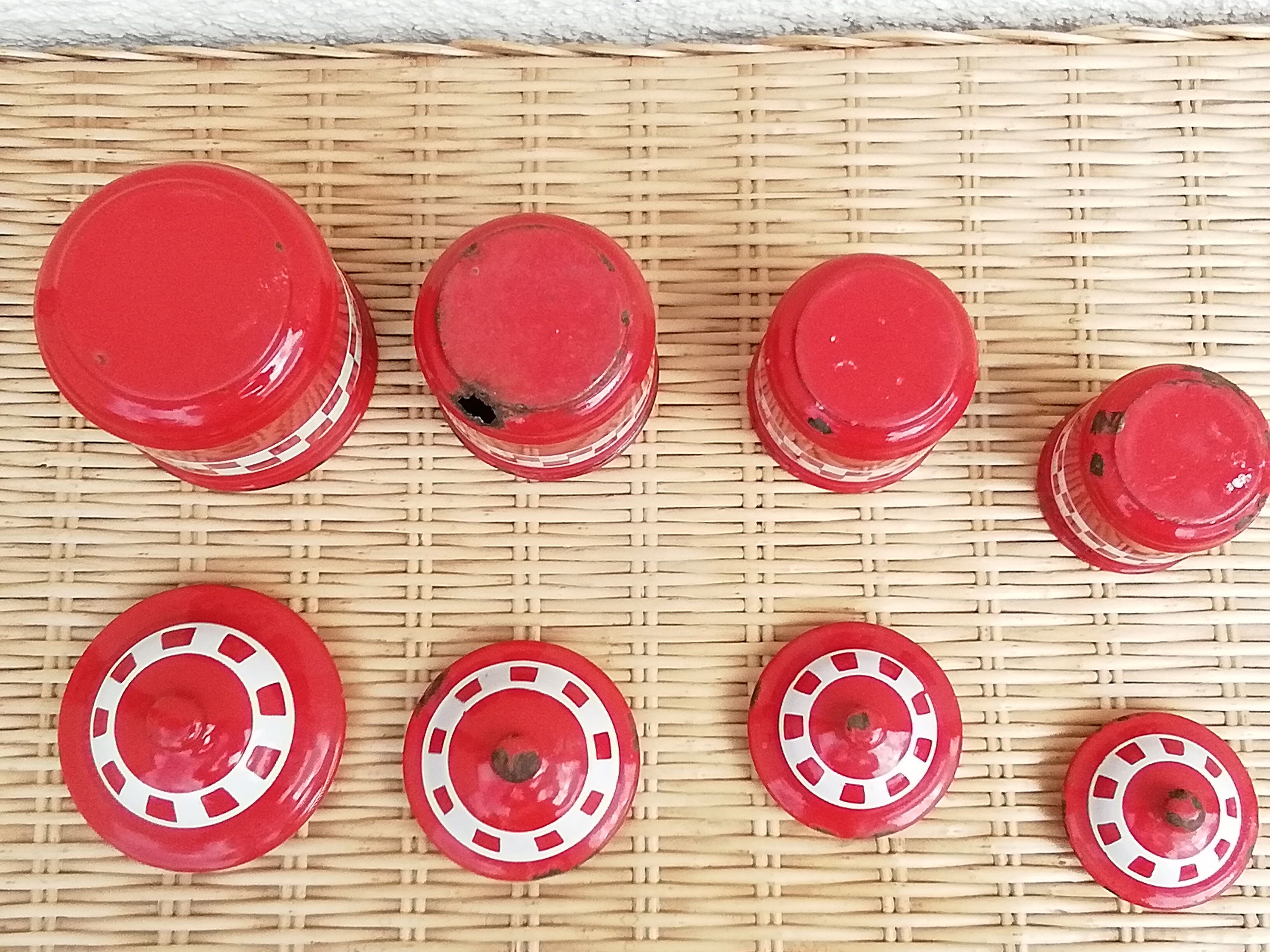 Spice pots enamelled sheet decoration Lustucru red