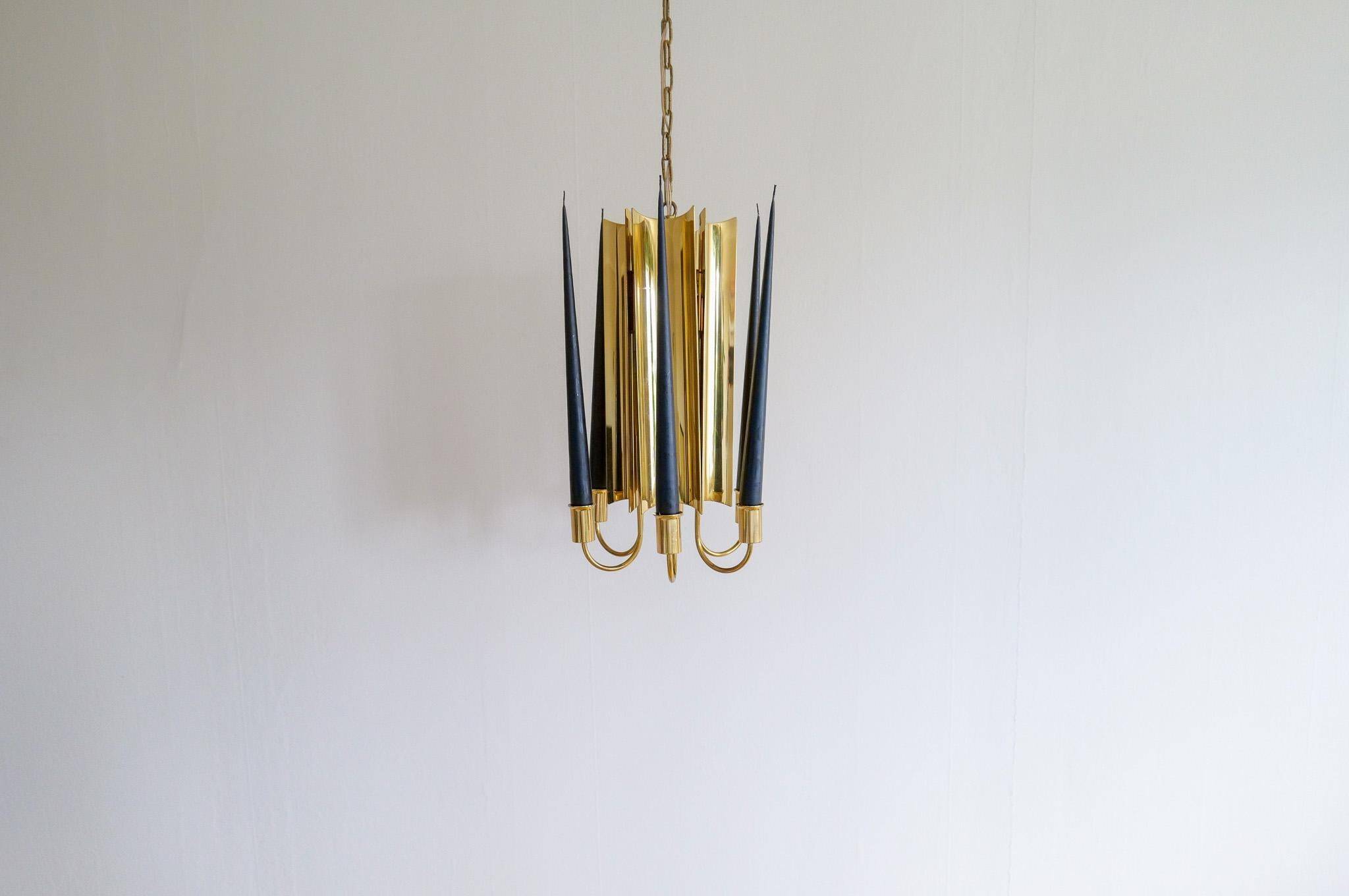 Modern mid-century brass chandelier Reflex Pierre Forssell Skultuna, Sweden