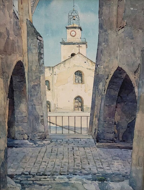 René Ricard : Aquarelle figurative représentant une vue architecturale